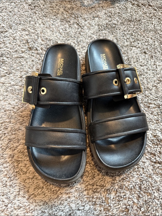 MICHAEL Michael Kors Shoes - MICHAEL Michael Kors Black Slides with Gold Buckle Accents